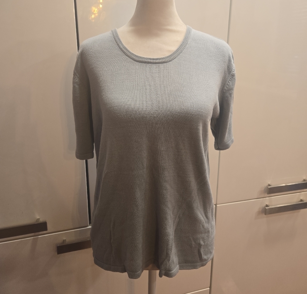 VTG 100% Silk Short Sleeve Crewneck Blue Gray Sweater Womens Size Medium